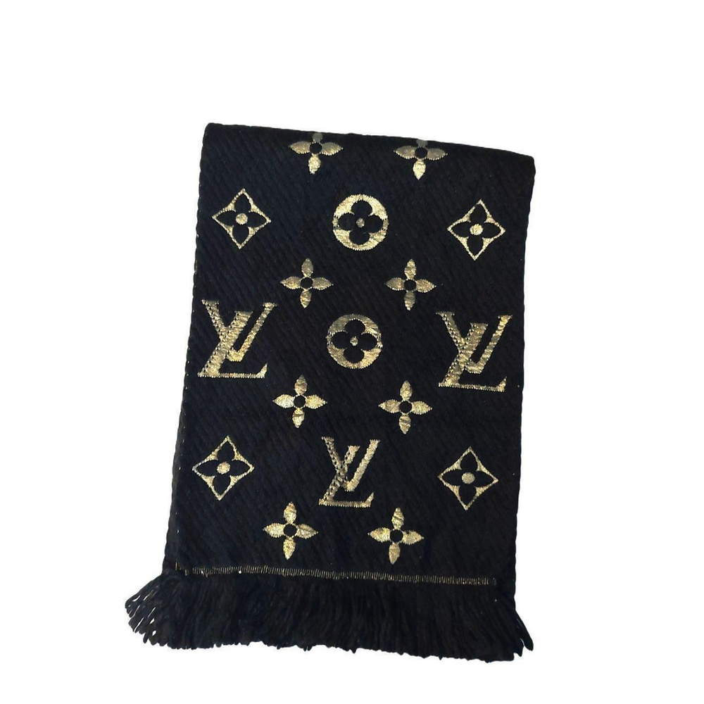 LOUIS VUITTON LV Vintage Black & Gold Monogram Scarf Scarves